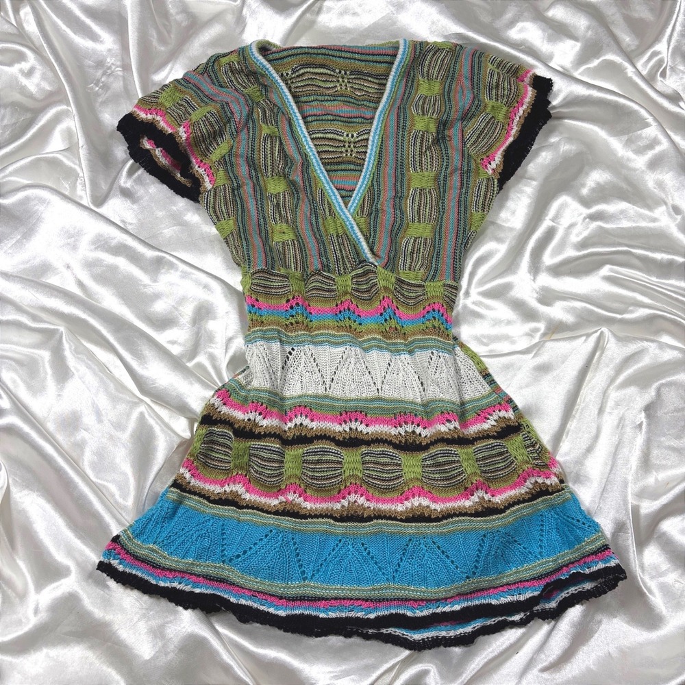 y2k Knit Tunic Top Multi Color Excellent Boho Crochet Surplice V-Neck